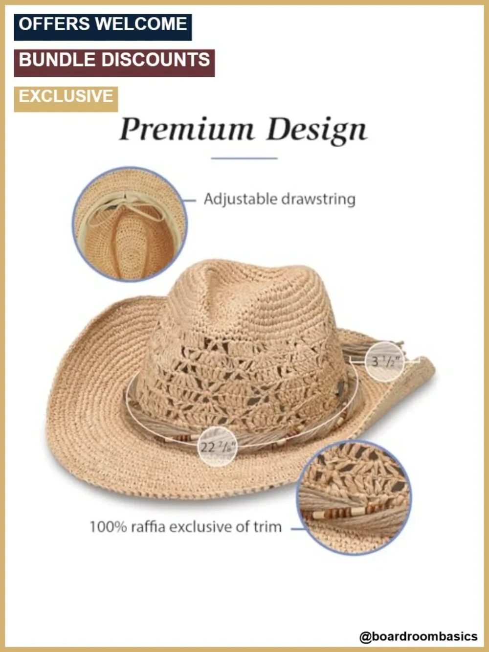 Women's Natural Straw Cowboy Hat Wide Brim Shapeable Adjustable Sun Protection
